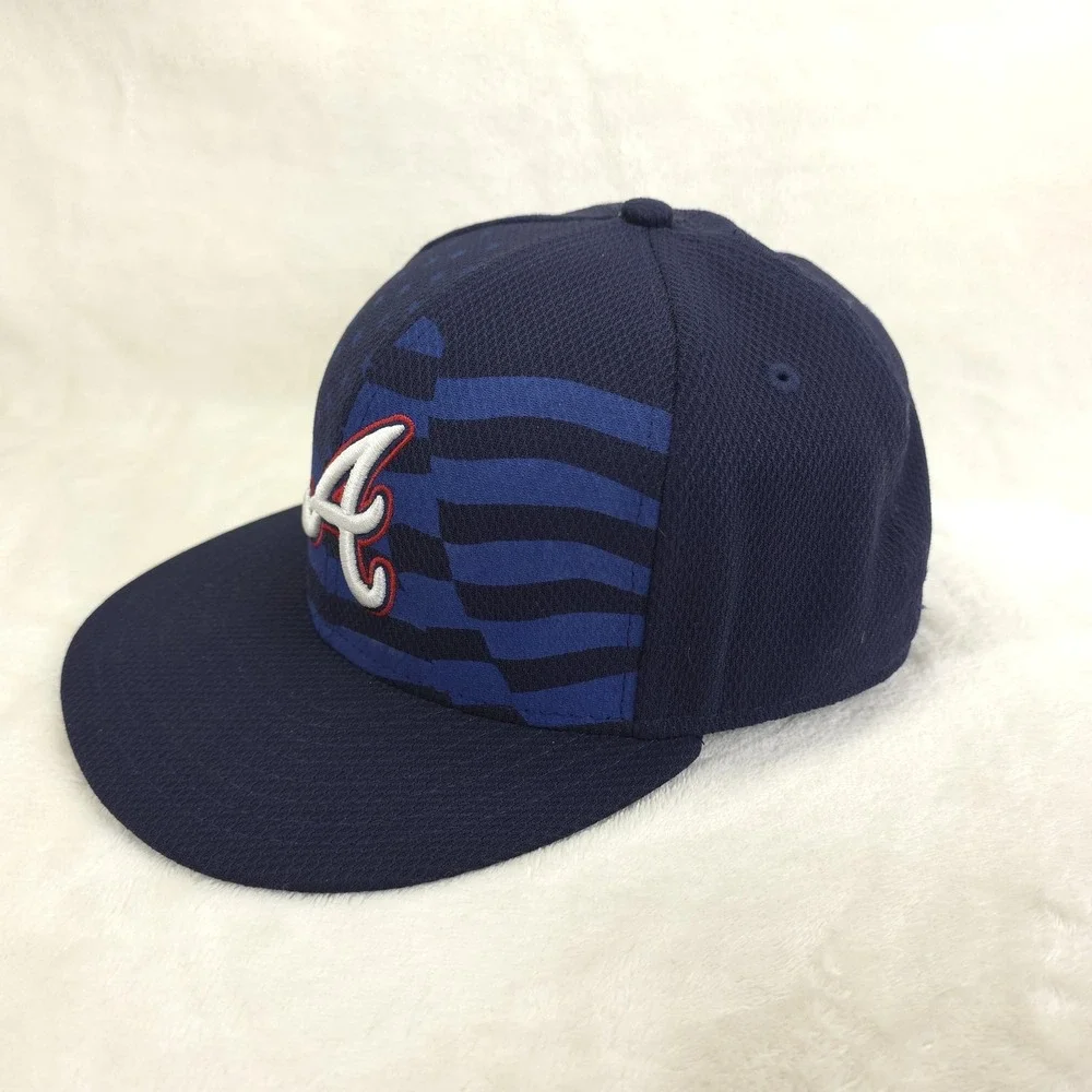 Atlanta Braves Hat Players Cap Fitted Mens 7 1/2 Blue MLB Baseball Stars Stripes
